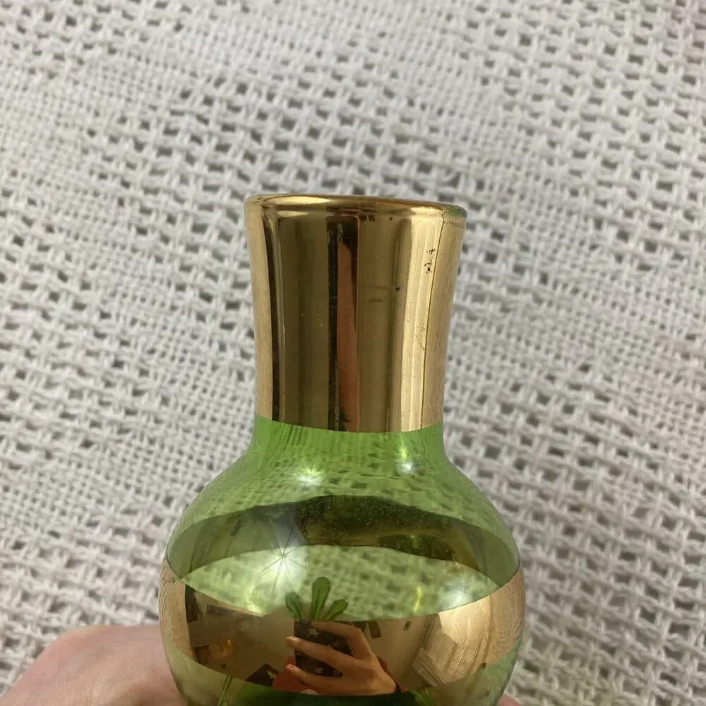 Venetian Italian Decanter Vintage Green and Gold Floral Stopper & 2 Shot Glasses